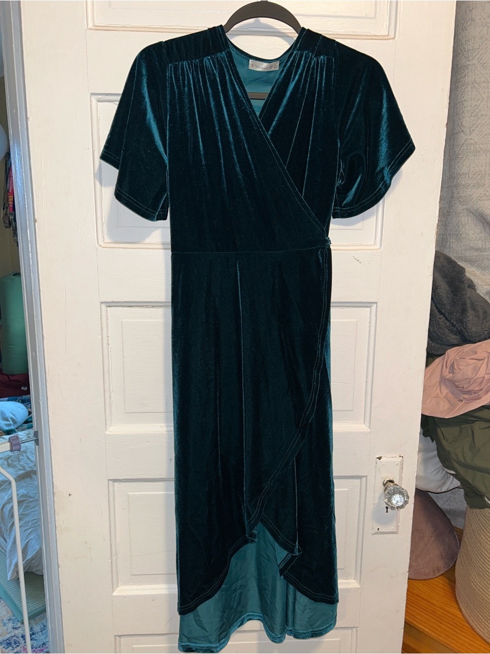 Women’s velour emerald green wrap dress